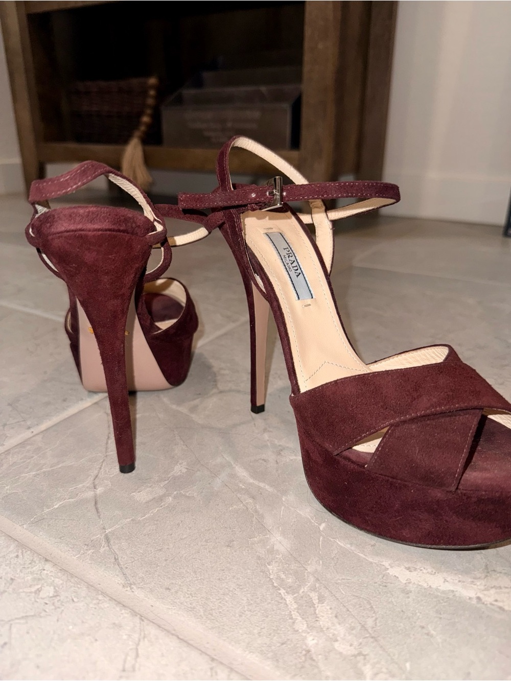 Prada Burgundy Suede Platform Stiletto Sandals